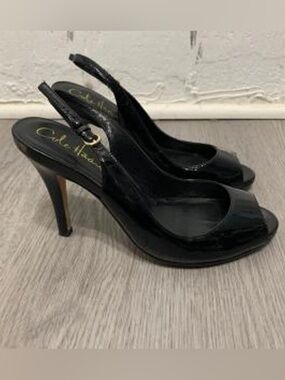 Cole Haan Black Patent Slingback Peep-Toe Heels